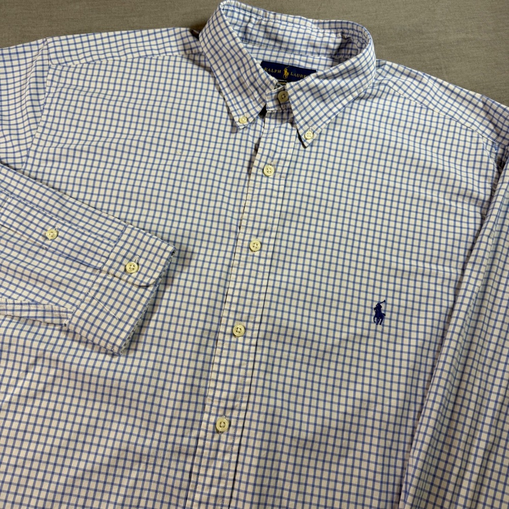 Ralph Lauren Performance Button Down Mens XLT Blue Gingham Stretch Nylon EUC